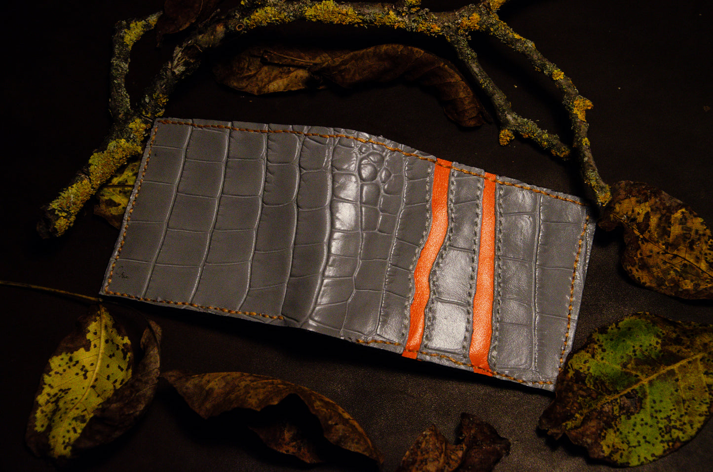 Portofel de lux piele croco gri și portocaliu - Staphano