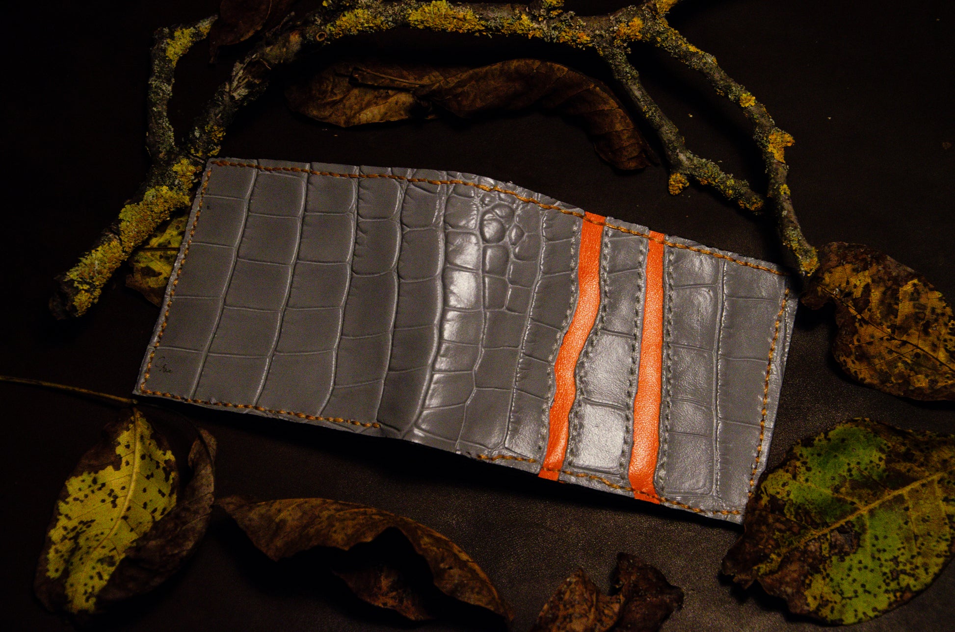 Portofel de lux piele croco gri și portocaliu - Staphano