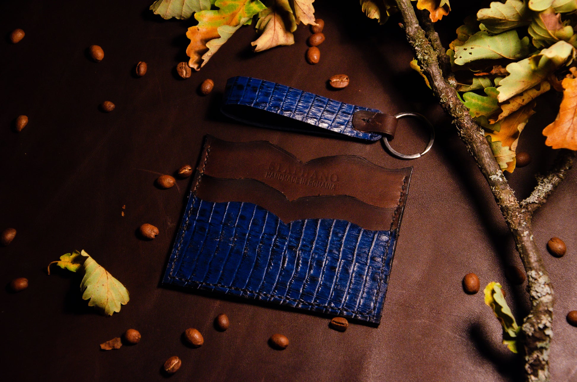 Portcard piele naturală bicolor maro și albastru - Staphano